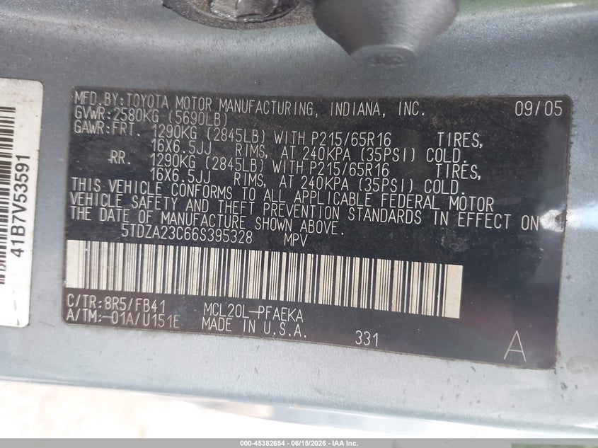 2006 Toyota Sienna VIN 5TDZA23C66S395328 IAAI salvage auction — FRONT END, Salvage - Greater Than 75% (Maryland), sold $525 on 2026-07-07 (photo 9)
