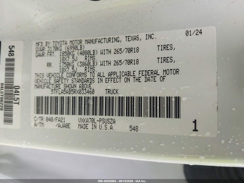 2024 Toyota Tundra VIN 5TFLA5AB5RX033460 IAAI salvage auction — REAR END, Original (Texas), sold $15,700 on 2026-08-01 (photo 9)