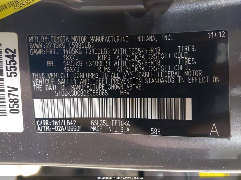 2013 Toyota Sienna VIN 5TDDK3DC9DS055065 IAAI salvage auction — REAR END, Salvage (Pennsylvania), sold $1,550 on 2026-07-23 (photo 9)