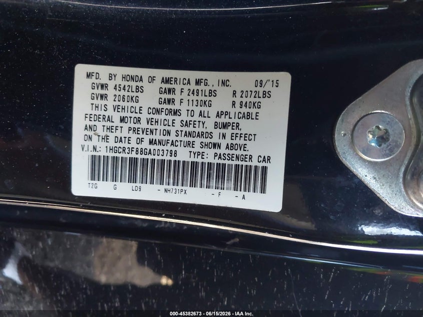 2016 Honda Accord VIN 1HGCR3F88GA003798 IAAI salvage auction — FRONT END, Salvage (Delaware), sold $1,050 on 2026-07-10 (photo 9)