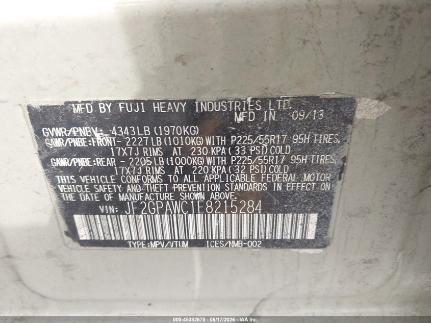 2017 Subaru Xv VIN JF2GPABC3H8231240 IAAI salvage auction — NORMAL WEAR, Clear (New York), sold $1,500 on 2026-07-07 (photo 9)
