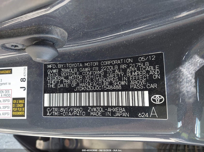 2012 Toyota Prius VIN JTDKN3DU0C1548488 IAAI salvage auction — REAR END, Salvage (New Jersey), sold $550 on 2026-07-30 (photo 9)