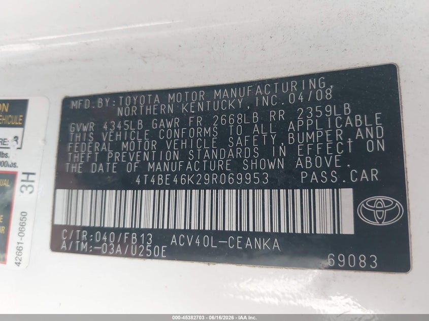 2009 Toyota Camry VIN 4T4BE46K29R069953 IAAI salvage auction — NORMAL WEAR, Clear (Utah), sold $275 on 2026-07-09 (photo 9)