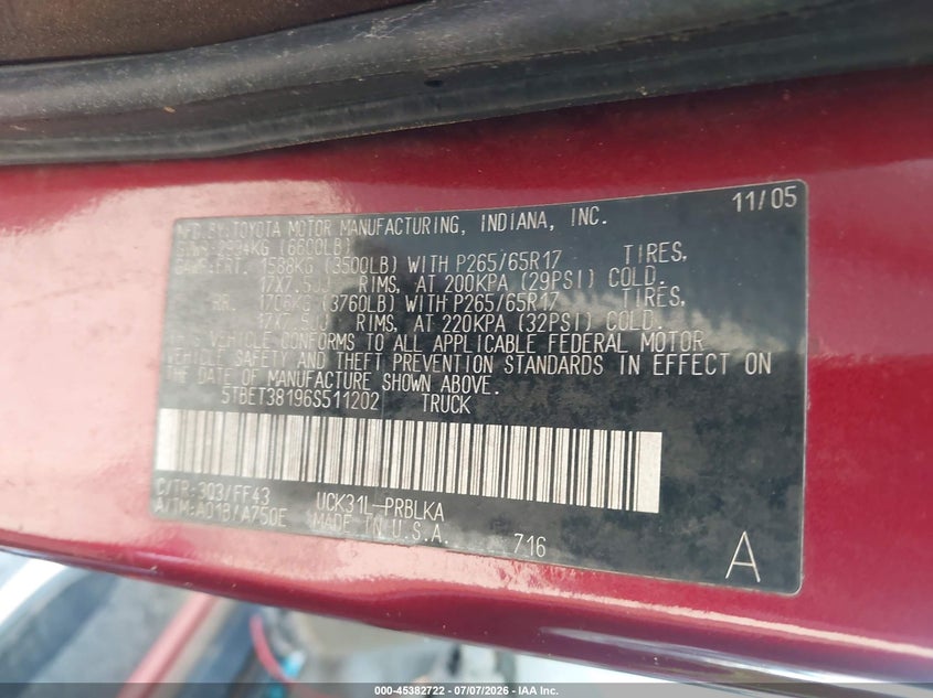 2006 Toyota Tundra VIN 5TBET38196S511202 IAAI salvage auction — FRONT END, Salvage (Louisiana), sold $1,400 on 2026-08-02 (photo 9)