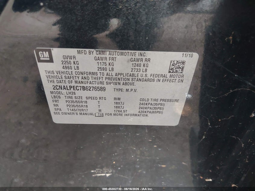 2011 Chevrolet Equinox VIN 2CNALPEC7B6276589 IAAI salvage auction — SIDE, Salvage (Texas), sold $650 on 2026-07-09 (photo 9)