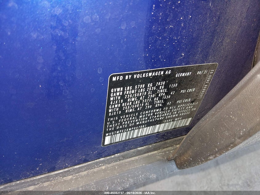2021 Volkswagen Id.4 VIN WVGTMPE2XMP047081 IAAI salvage auction — LEFT REAR, Salvage Title, sold $8,250 on 2026-07-16 (photo 9)