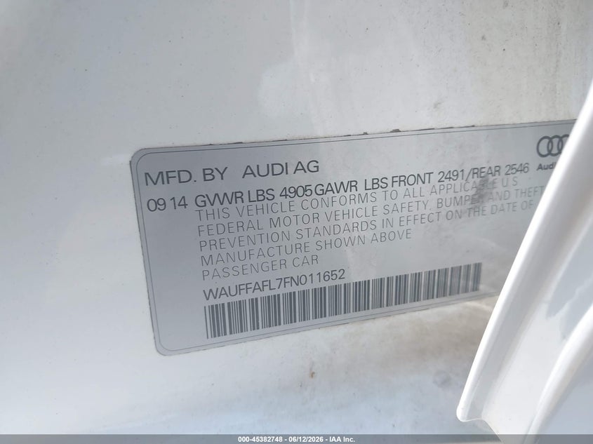 2015 Audi A4 VIN WAUFFAFL7FN011652 IAAI salvage auction — NORMAL WEAR, Clear (New Jersey), sold $3,075 on 2026-07-09 (photo 9)