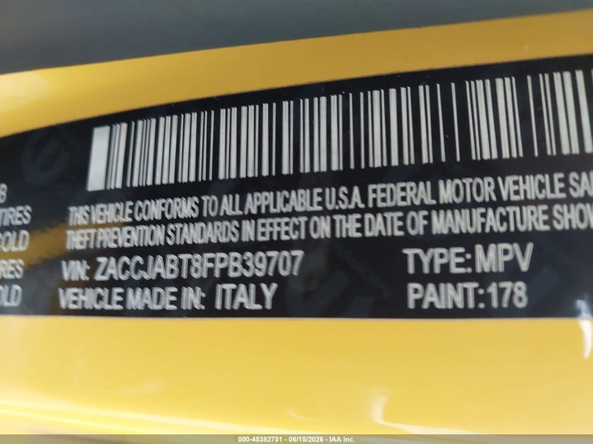 2015 Jeep Renegade VIN ZACCJABT8FPB39707 IAAI salvage auction — REAR END, Salvage Title, sold $2,500 on 2026-08-13 (photo 9)