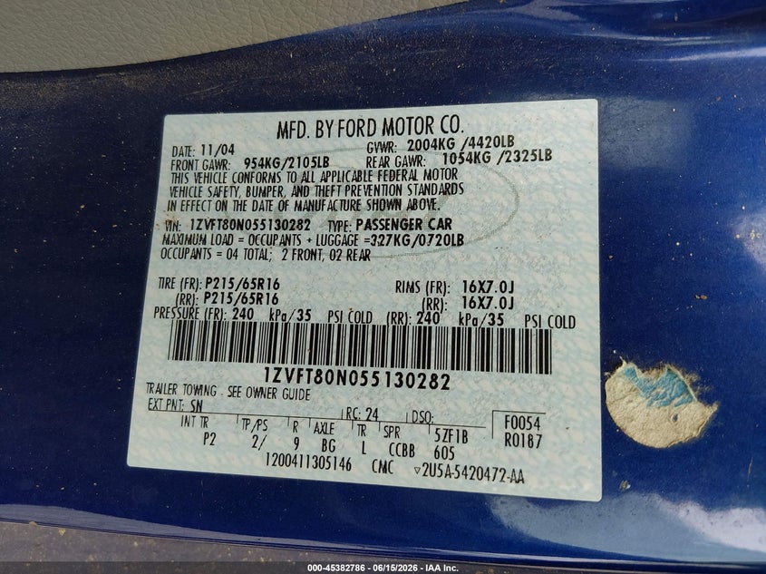 2005 Ford Mustang VIN 1ZVFT80N055130282 IAAI salvage auction — REAR END, Clear (Alabama), sold $300 on 2026-07-09 (photo 9)