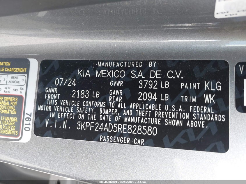 2024 Kia Forte VIN 3KPF24AD5RE828580 IAAI salvage auction — FRONT END, Salvage Title, sold $3,350 on 2026-07-25 (photo 9)