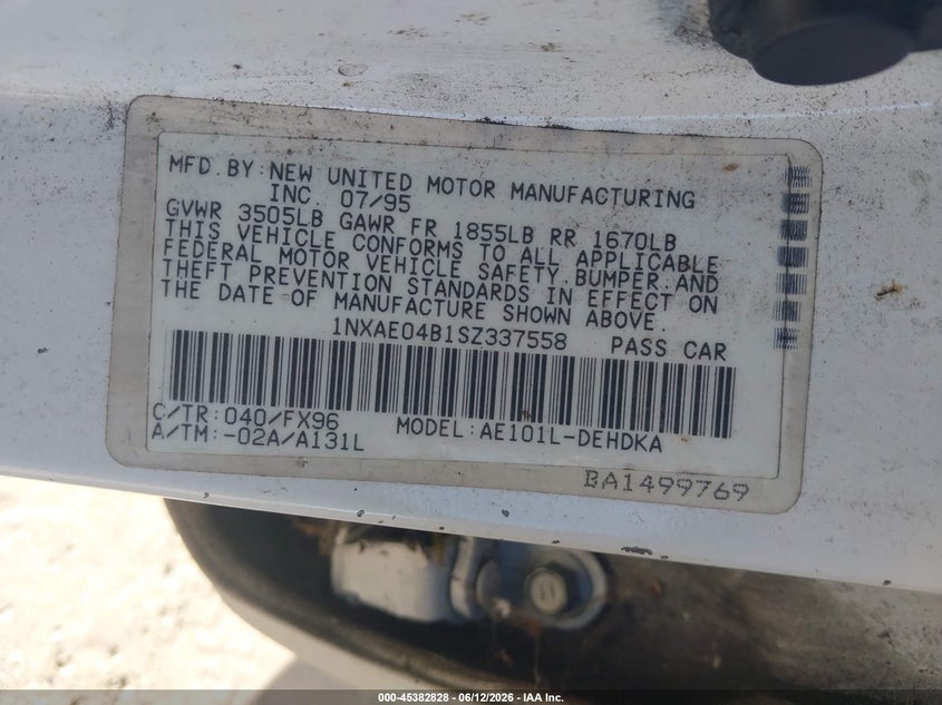 1995 Toyota Corolla VIN 1NXAE04B1SZ337558 IAAI salvage auction — NORMAL WEAR, Clear - Dealer Only (California), sold $300 on 2026-07-09 (photo 9)