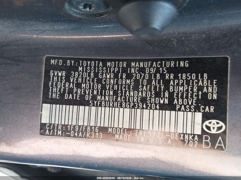 2016 Toyota Corolla VIN 5YFBURHE8GP394204 IAAI salvage auction — RIGHT SIDE, Salvage (Ohio), sold $1,950 on 2026-07-07 (photo 9)