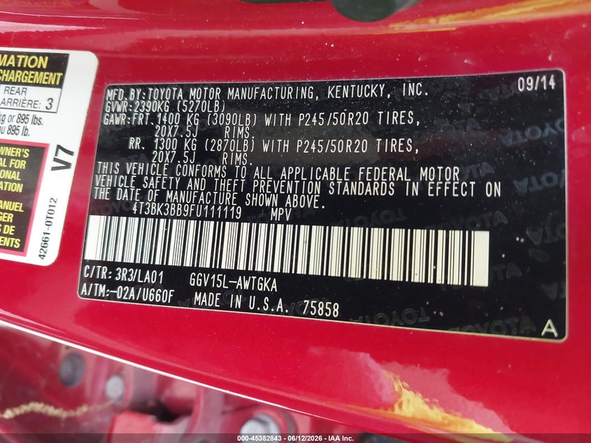 2015 Toyota Venza VIN 4T3BK3BB9FU111119 IAAI salvage auction — FRONT END, Original (Texas), sold $2,300 on 2026-07-09 (photo 9)