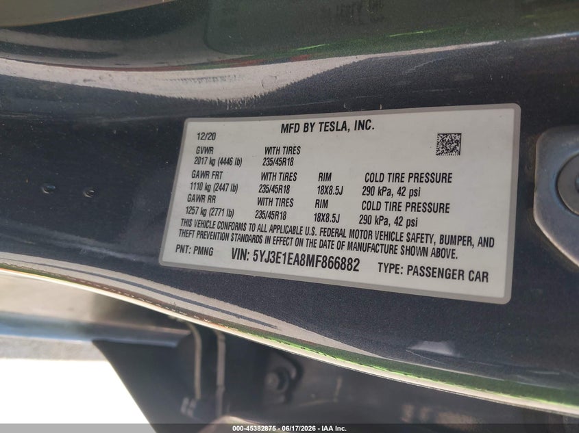 2021 Tesla Model 3 VIN 5YJ3E1EA8MF866882 IAAI salvage auction — FRONT END, Clear (Massachusetts), sold $5,775 on 2026-07-10 (photo 9)