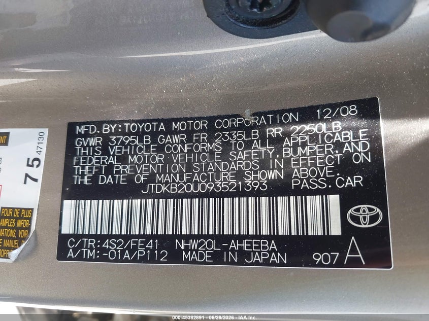 2009 Toyota Prius VIN JTDKB20U093521393 IAAI salvage auction — LEFT SIDE, Salvage (California), sold $1,350 on 2026-07-08 (photo 9)