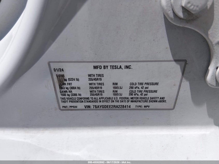 2024 Tesla Model y VIN 7SAYGDEE2RA228414 IAAI salvage auction — FRONT END, Salvage (New Hampshire), sold $10,100 on 2026-08-02 (photo 9)