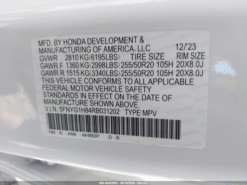 2024 Honda Pilot VIN 5FNYG1H84RB031202 IAAI salvage auction — WATER/FLOOD, Salvage (Ohio), sold $19,200 on 2026-07-29 (photo 9)