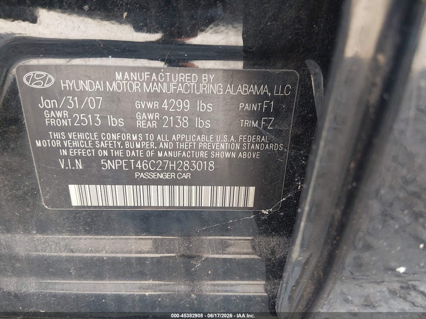 2007 Hyundai Sonata VIN 5NPET46C27H283018 IAAI salvage auction — NORMAL WEAR, Original (Kentucky), sold $400 on 2026-07-06 (photo 9)