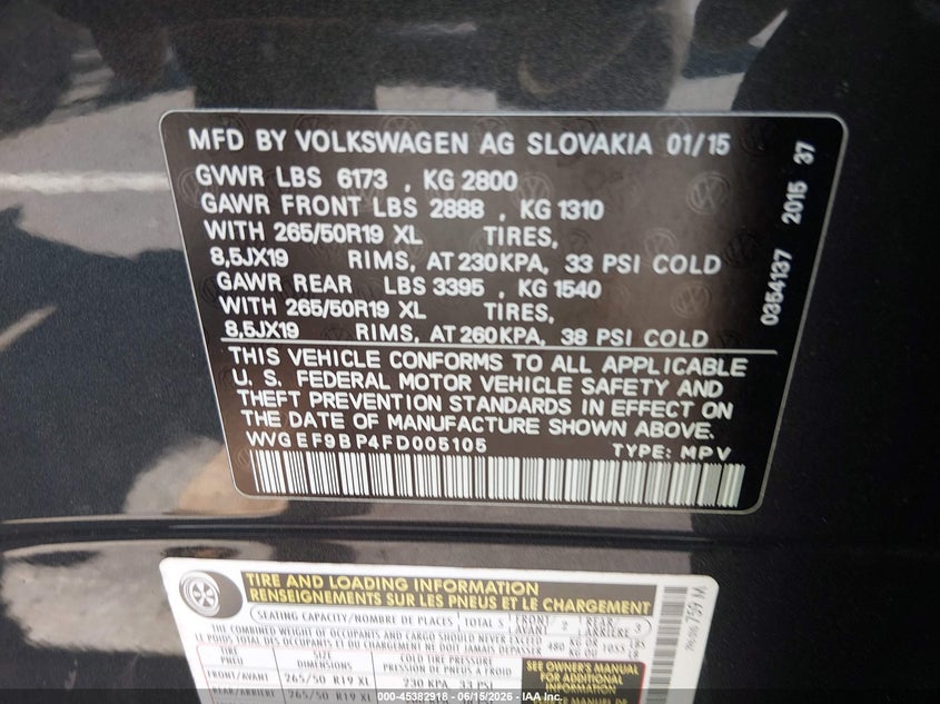 2015 Volkswagen Touareg VIN WVGEF9BP4FD005105 IAAI salvage auction — FRONT END, Salvage (North Carolina), sold $500 on 2026-07-29 (photo 9)