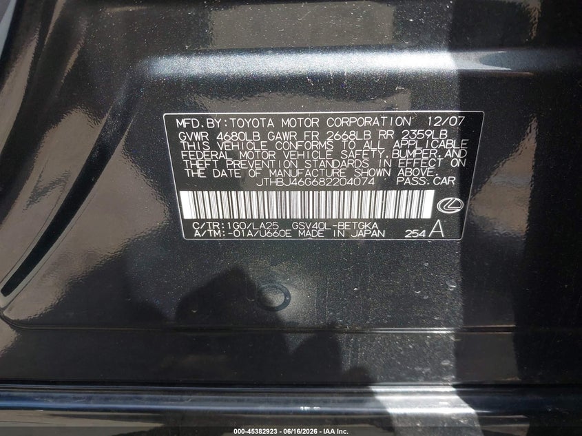 2008 Lexus Es 350 VIN JTHBJ46G682204074 IAAI salvage auction — SUSPENSION, Prior Salvage (Minnesota), sold $625 on 2026-07-29 (photo 9)