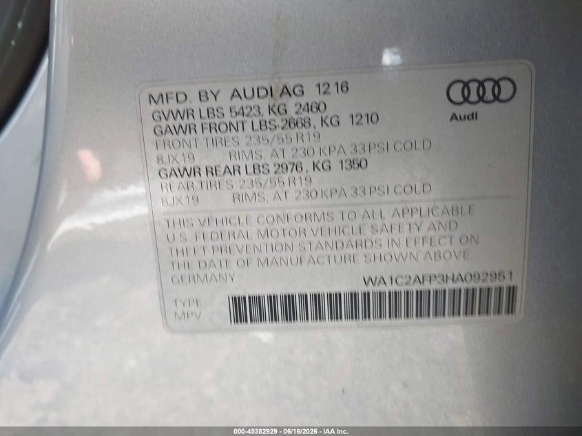 2017 Audi Q5 VIN WA1C2AFP3HA092951 IAAI salvage auction — FRONT END, Salvage (Ohio), sold $450 on 2026-07-30 (photo 9)
