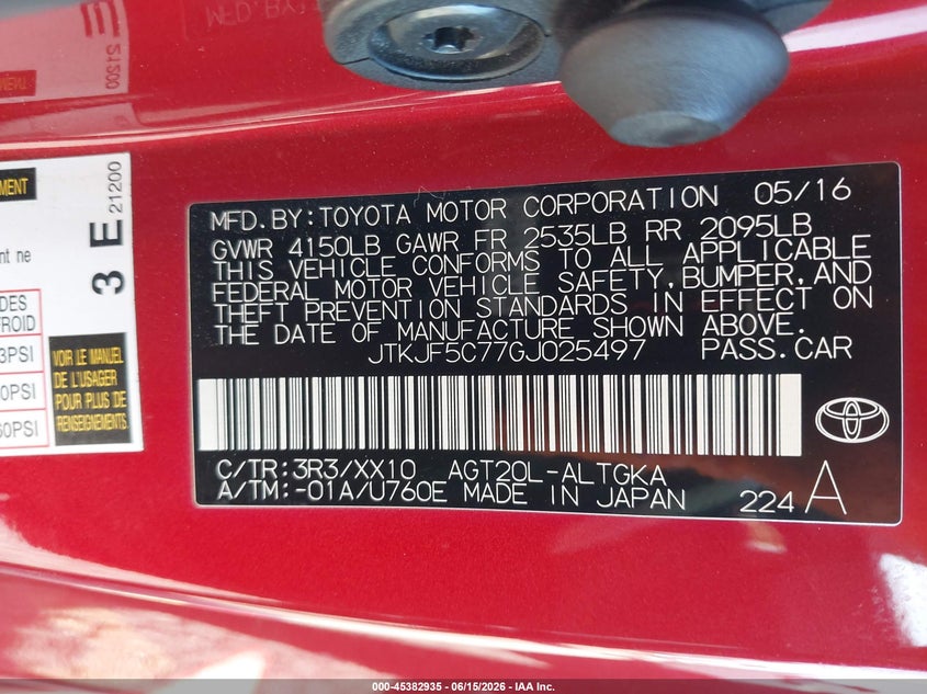 2016 Scion Tc VIN JTKJF5C77GJ025497 IAAI salvage auction — FRONT END, Salvage (California), sold $1,350 on 2026-07-07 (photo 9)