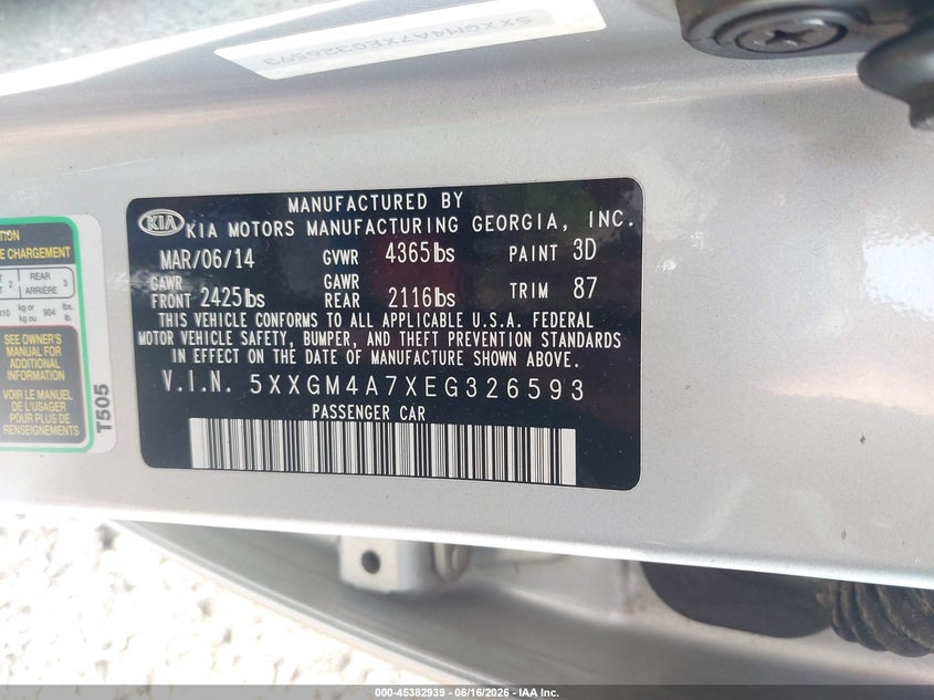 2014 Kia Optima VIN 5XXGM4A7XEG326593 IAAI salvage auction — THEFT, Salvage (Ohio), sold $1,175 on 2026-07-08 (photo 9)