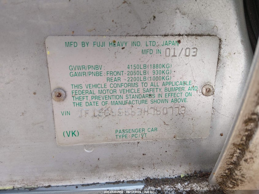 2003 Subaru Forester VIN JF1SG65663H760773 IAAI salvage auction — NORMAL WEAR, Clear (Louisiana), sold $275 on 2026-07-13 (photo 9)
