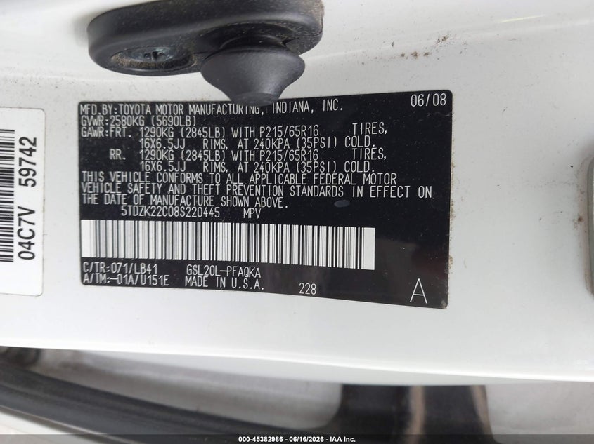 2008 Toyota Sienna VIN 5TDZK22C08S220445 IAAI salvage auction — NORMAL WEAR, Clear (Montana), sold $800 on 2026-07-16 (photo 9)