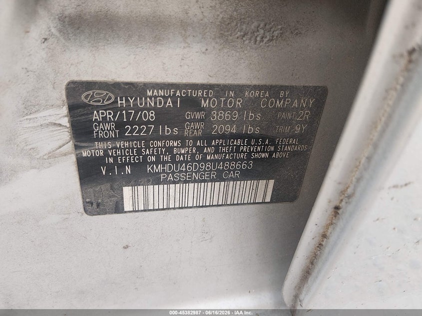 2008 Hyundai Elantra VIN KMHDU46D98U488663 IAAI salvage auction — FRONT END, Salvage (North Carolina), sold $375 on 2026-07-20 (photo 9)