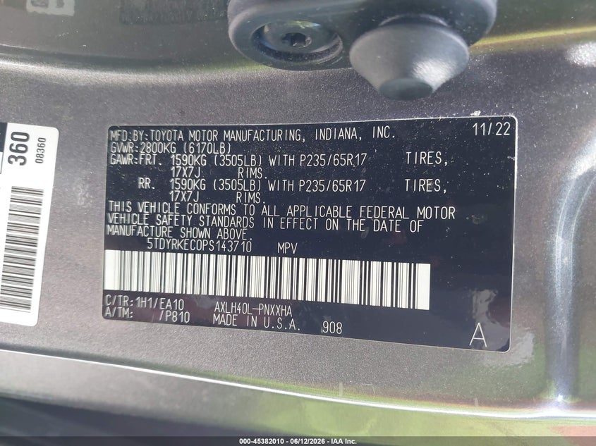 2023 Toyota Sienna VIN 5TDYRKEC0PS143710 IAAI salvage auction — FRONT END, Salvage (California), sold $12,300 on 2026-07-08 (photo 9)