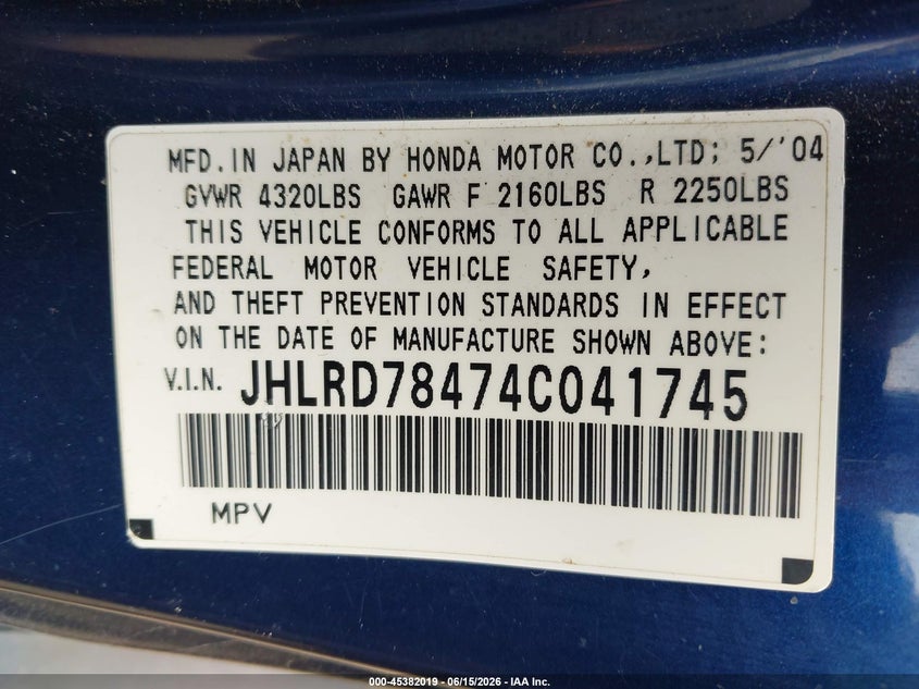 2004 Honda Cr-v VIN JHLRD78474C041745 IAAI salvage auction — NORMAL WEAR, Clear (North Carolina), sold $275 on 2026-07-15 (photo 9)