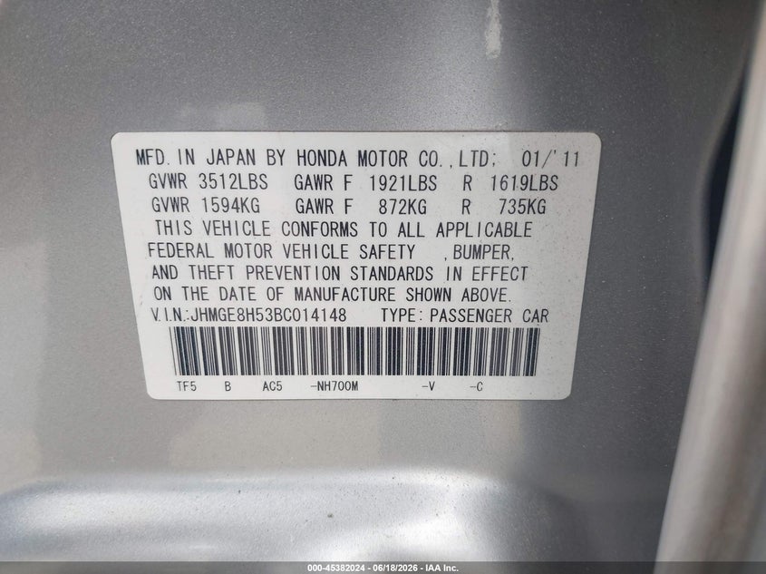2011 Honda Fit VIN JHMGE8H53BC014148 IAAI salvage auction — FRONT END, Salvage (California), sold $325 on 2026-07-07 (photo 9)