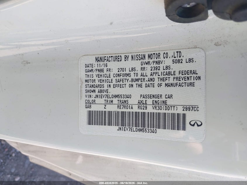 2017 Infiniti Q60 VIN JN1EV7EL0HM553340 IAAI salvage auction — FRONT END, Salvage (Pennsylvania), sold $1,500 on 2026-07-07 (photo 9)