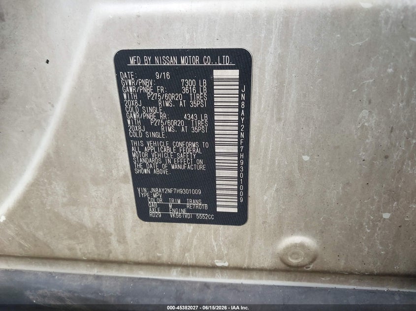 2017 Nissan Armada VIN JN8AY2NF7H9301009 IAAI salvage auction — Burn Engine, Salvage Title, sold $875 on 2026-07-22 (photo 9)