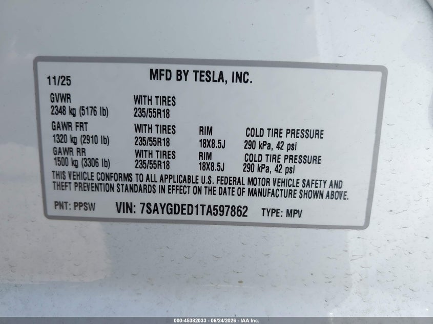 2026 Tesla Model y VIN 7SAYGDED1TA597862 IAAI salvage auction — SUSPENSION, Bill Of Sale (Washington), sold $20,200 on 2026-07-16 (photo 9)