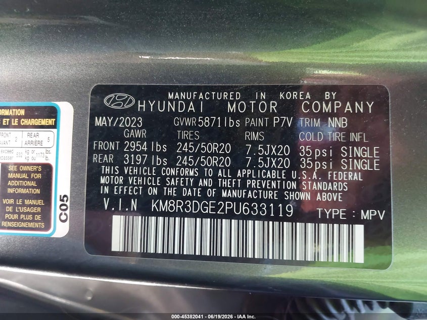 2023 Hyundai Palisade VIN KM8R3DGE2PU633119 IAAI salvage auction — RIGHT SIDE, Salvage (Ohio), sold $8,650 on 2026-07-13 (photo 9)