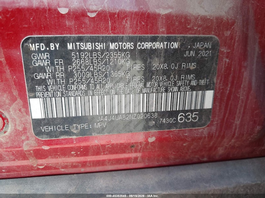 2022 Mitsubishi Outlander VIN JA4J4UA82NZ020638 IAAI salvage auction — LEFT FRONT, Salvage Title, sold $5,200 on 2026-07-30 (photo 9)