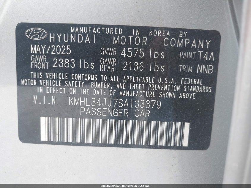 2025 Hyundai Sonata hybrid VIN KMHL34JJ7SA133379 IAAI salvage auction — NORMAL WEAR, Sf97 (New Jersey), sold $825 on 2026-07-21 (photo 9)