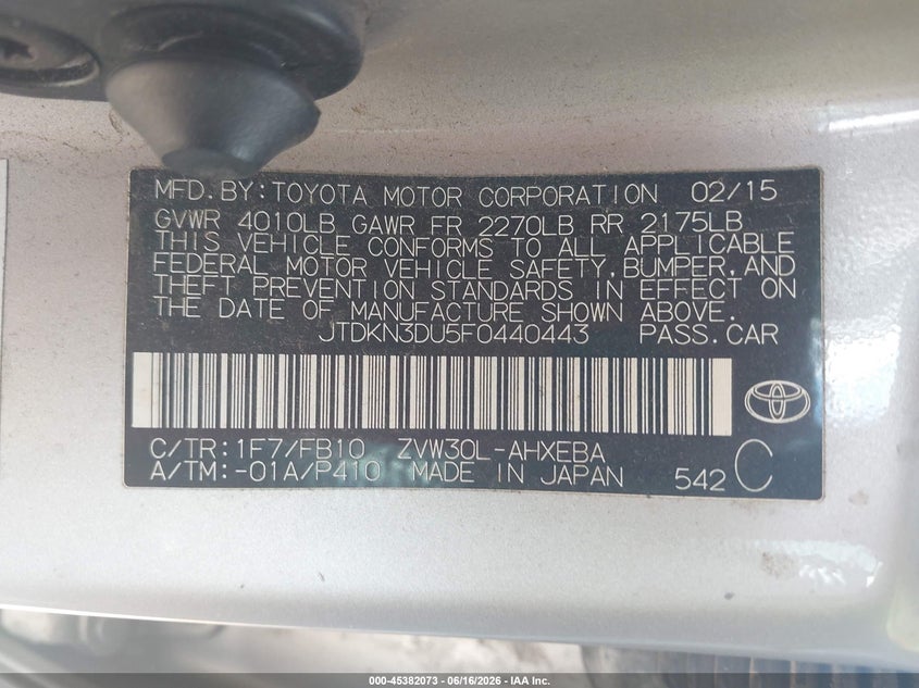 2015 Toyota Prius VIN JTDKN3DU5F0440443 IAAI salvage auction — REAR END, Salvage Title, sold $1,500 on 2026-07-23 (photo 9)