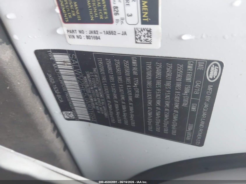 2018 Land rover Range rover sport VIN SALWV2RE5JA801694 IAAI salvage auction — REAR END, Salvage (Alabama), sold $14,500 on 2026-07-22 (photo 9)