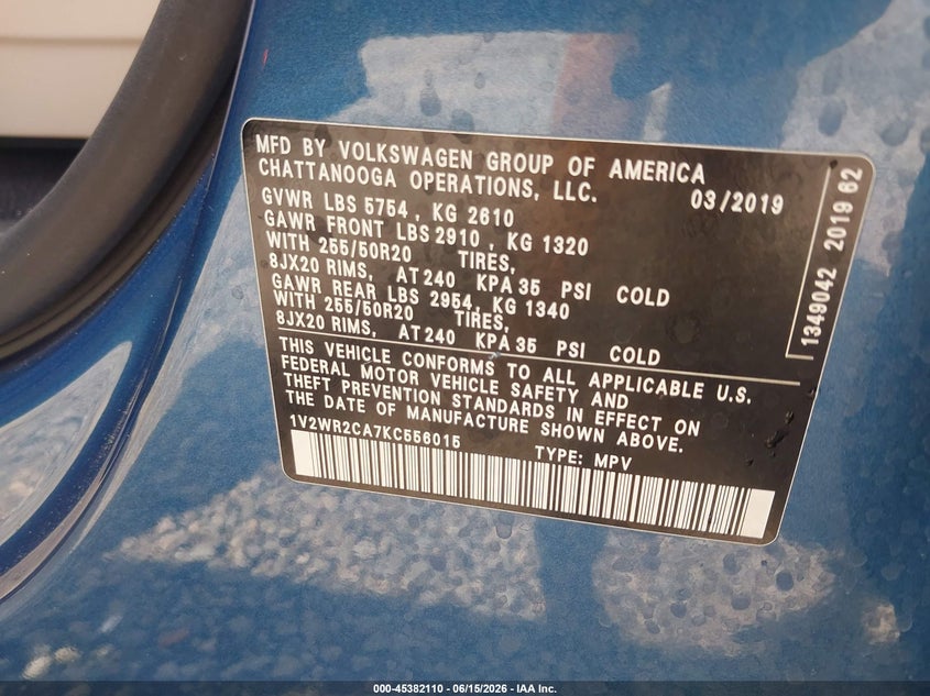 2019 Volkswagen Atlas VIN 1V2WR2CA7KC556015 IAAI salvage auction — REAR END, Salvage (Georgia), sold $3,650 on 2026-07-26 (photo 9)