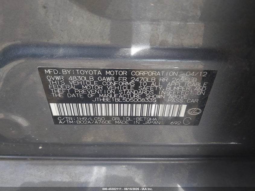2013 Lexus Gs VIN JTHBE1BL5D5008335 IAAI salvage auction — FRONT END, Salvage (Georgia), sold $1,900 on 2026-07-21 (photo 9)