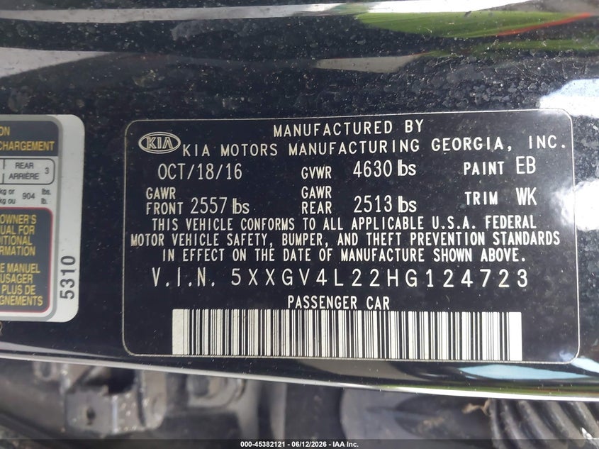 2017 Kia Optima VIN 5XXGV4L22HG124723 IAAI salvage auction — NORMAL WEAR, Clear (Florida), sold $1,200 on 2026-07-21 (photo 9)