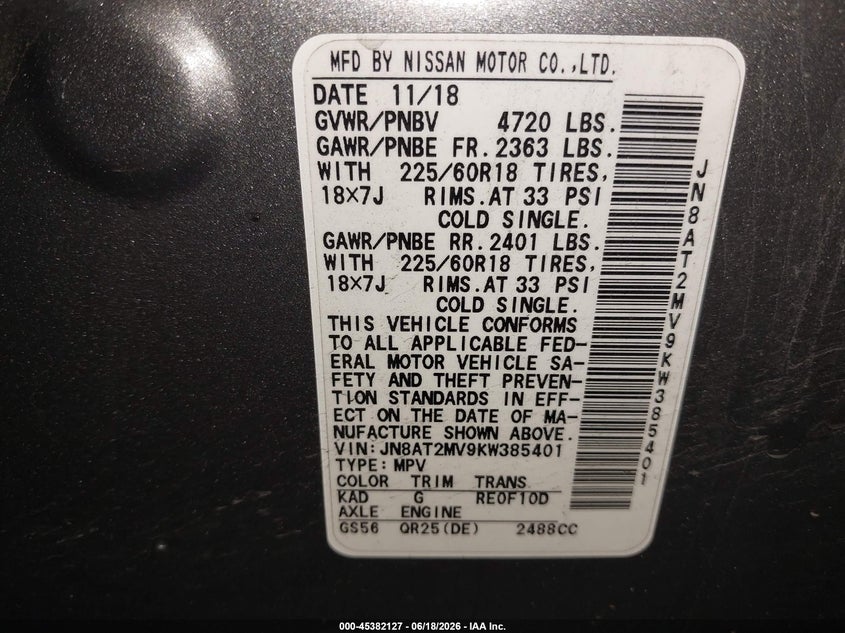 2019 Nissan Rogue VIN JN8AT2MV9KW385401 IAAI salvage auction — FRONT END, Salvage Title, sold $2,200 on 2026-07-29 (photo 9)