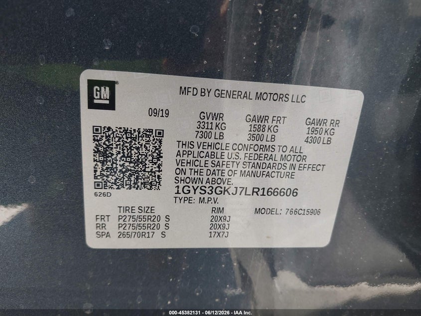 2020 Cadillac Escalade esv VIN 1GYS3GKJ7LR166606 IAAI salvage auction — FRONT & REAR, Salvage (California), sold $18,300 on 2026-07-29 (photo 9)
