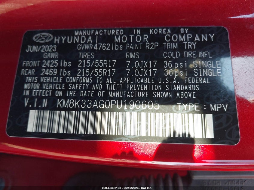 2023 Hyundai Kona VIN KM8K33AG0PU190605 IAAI salvage auction — LEFT REAR, Certificate Of Destruction (Florida), sold $25 on 2026-07-24 (photo 9)