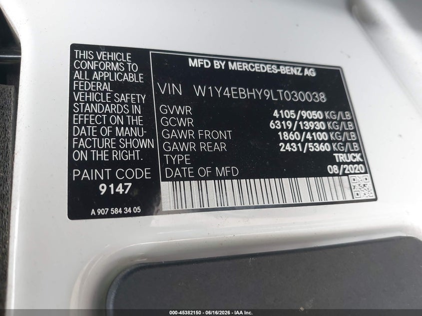 2020 Mercedes-benz Sprinter VIN W1Y4EBHY9LT030038 IAAI salvage auction — FRONT & REAR, Enterprise Vehicles Clear Only (Texas), sold $13,750 on 2026-07-13 (photo 9)