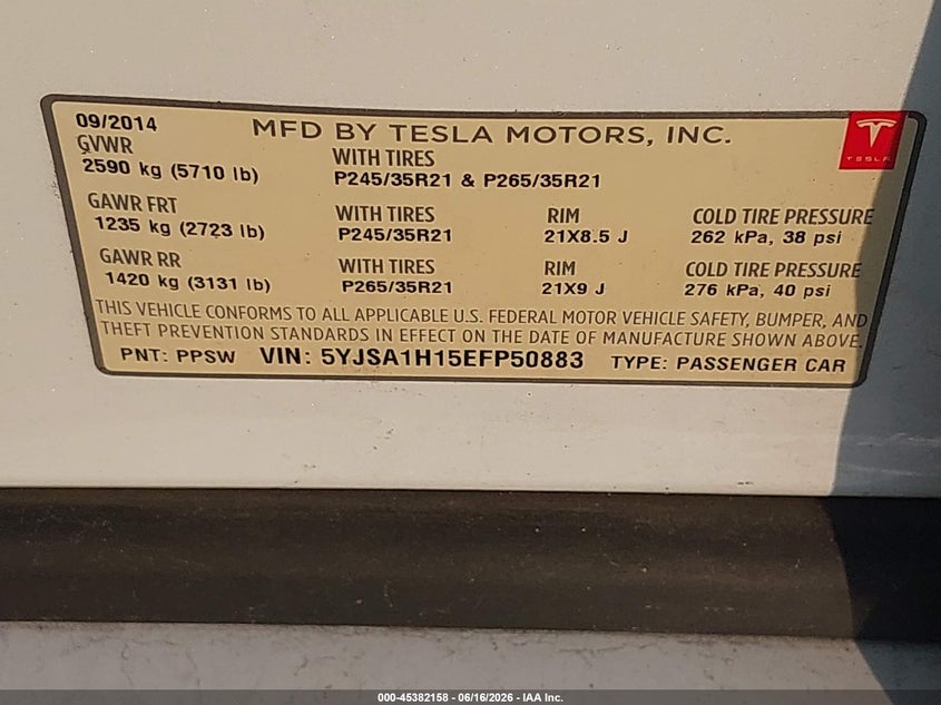 2014 Tesla Model s VIN 5YJSA1H15EFP50883 IAAI salvage auction — ELECTRICAL, Salvage (Texas), sold $1,600 on 2026-07-11 (photo 9)