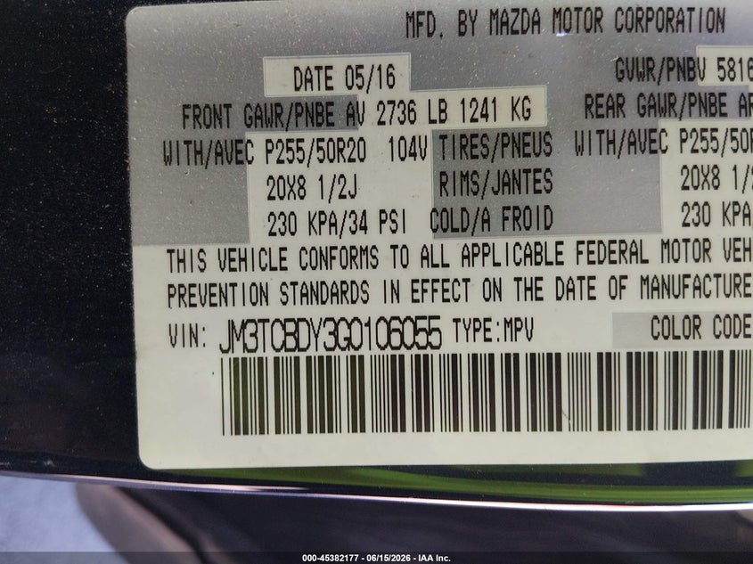2016 Mazda Cx-9 VIN JM3TCBDY3G0106055 IAAI salvage auction — FRONT END, Salvage (North Carolina), sold $1,700 on 2026-07-22 (photo 9)